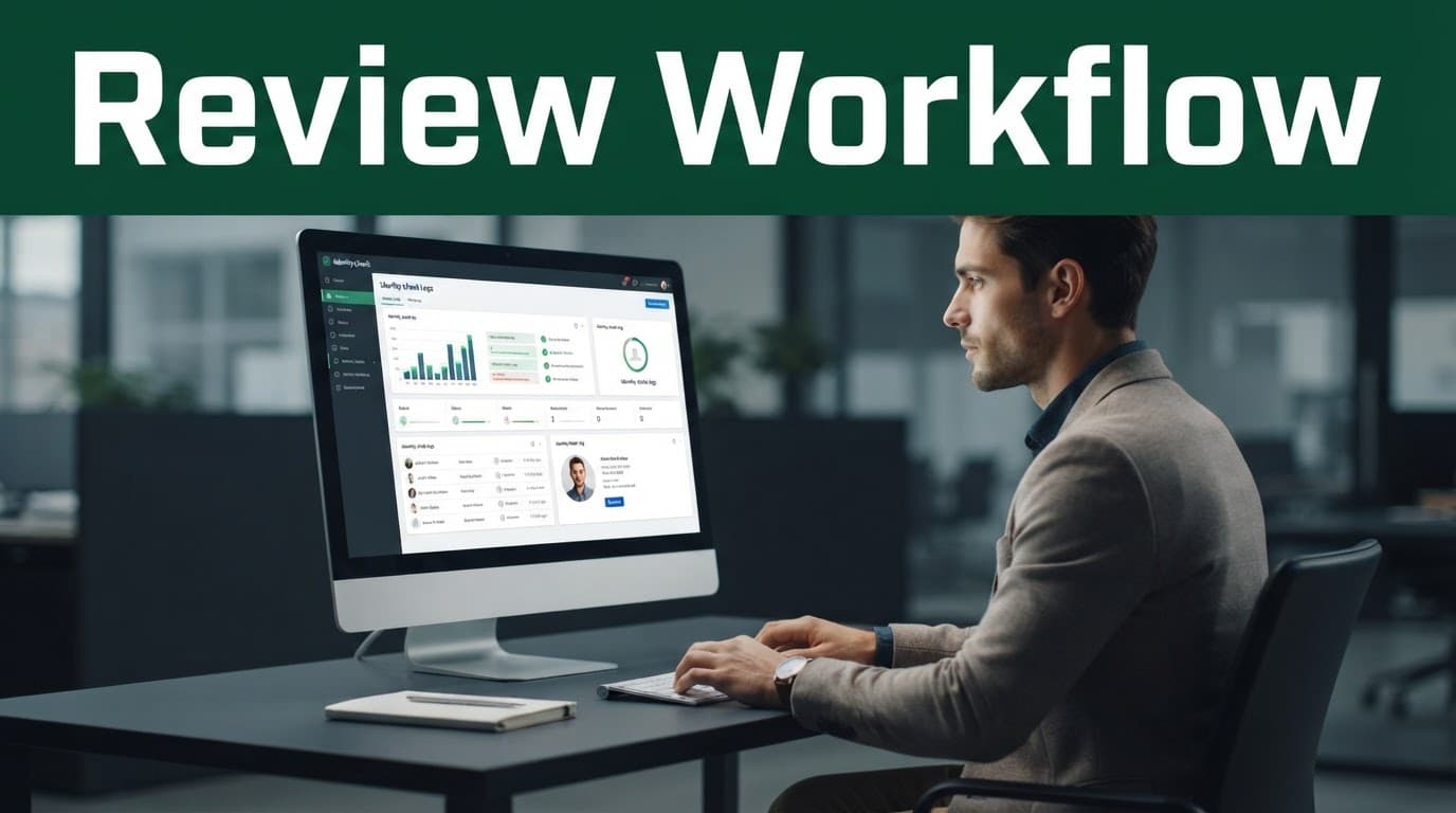 A monitor shows identity check logs beneath a green Review Workflow banner.