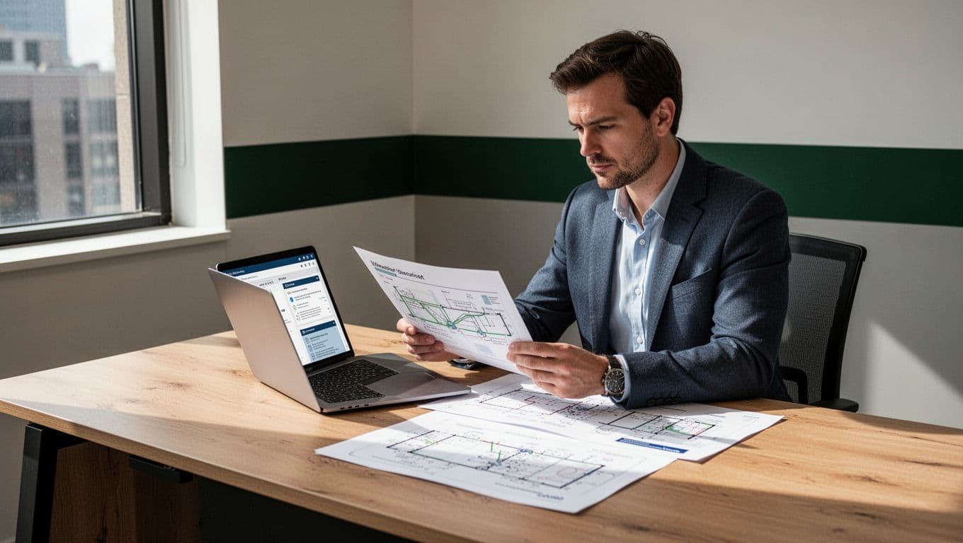 A business manager reviews security plans beside a laptop at a wooden desk.