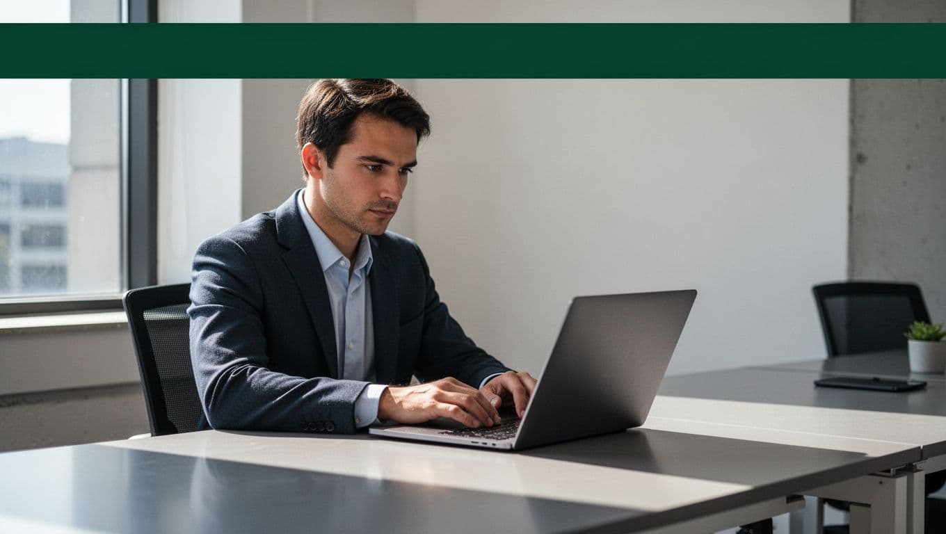 A person using a laptop beneath a dark green banner labeled Scope.