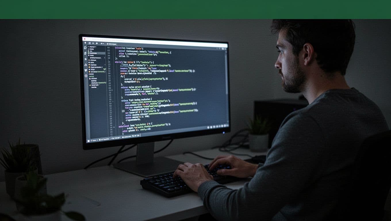 Developer viewing code and security scans on a monitor in a dark room.