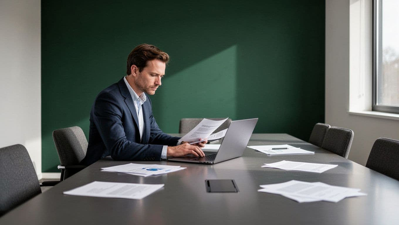 Professional reviewing paperwork and a laptop beneath a Talent Strategy banner.